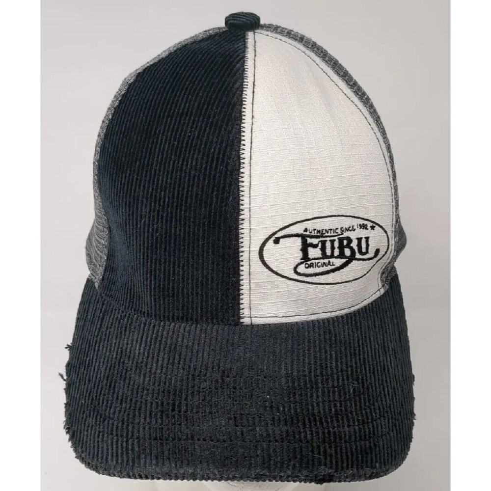 Vintage FUBU Trucker Hat Snapback Baseball Cap Corduroy Mesh Black White Y2K 90s
